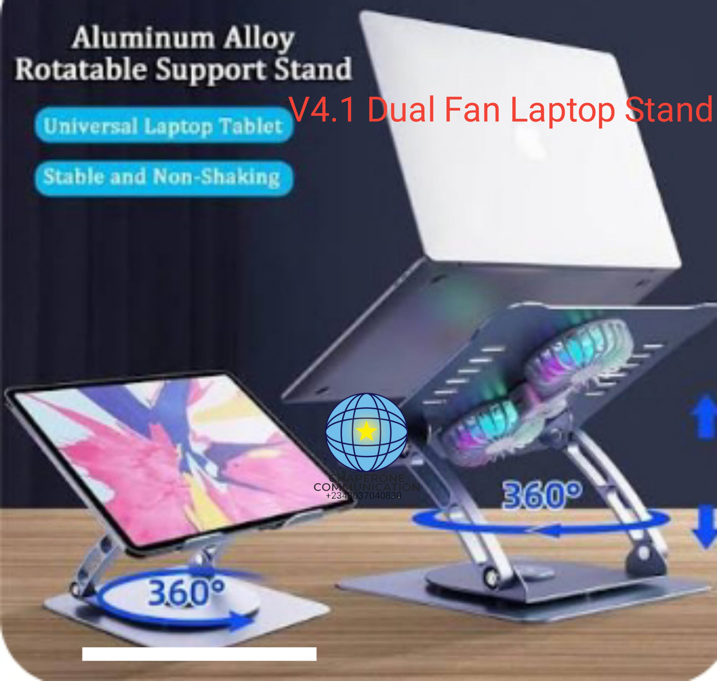 Laptop Stand V4.1 with Built-in Electric Cooling Fan — Adjustable | Ergonomic | Anti-Overheating