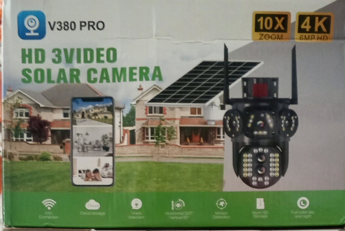 V380 Pro 3-Lens Solar CCTV Security Camera — 360° View | Night Vision | 4G | Outdoor