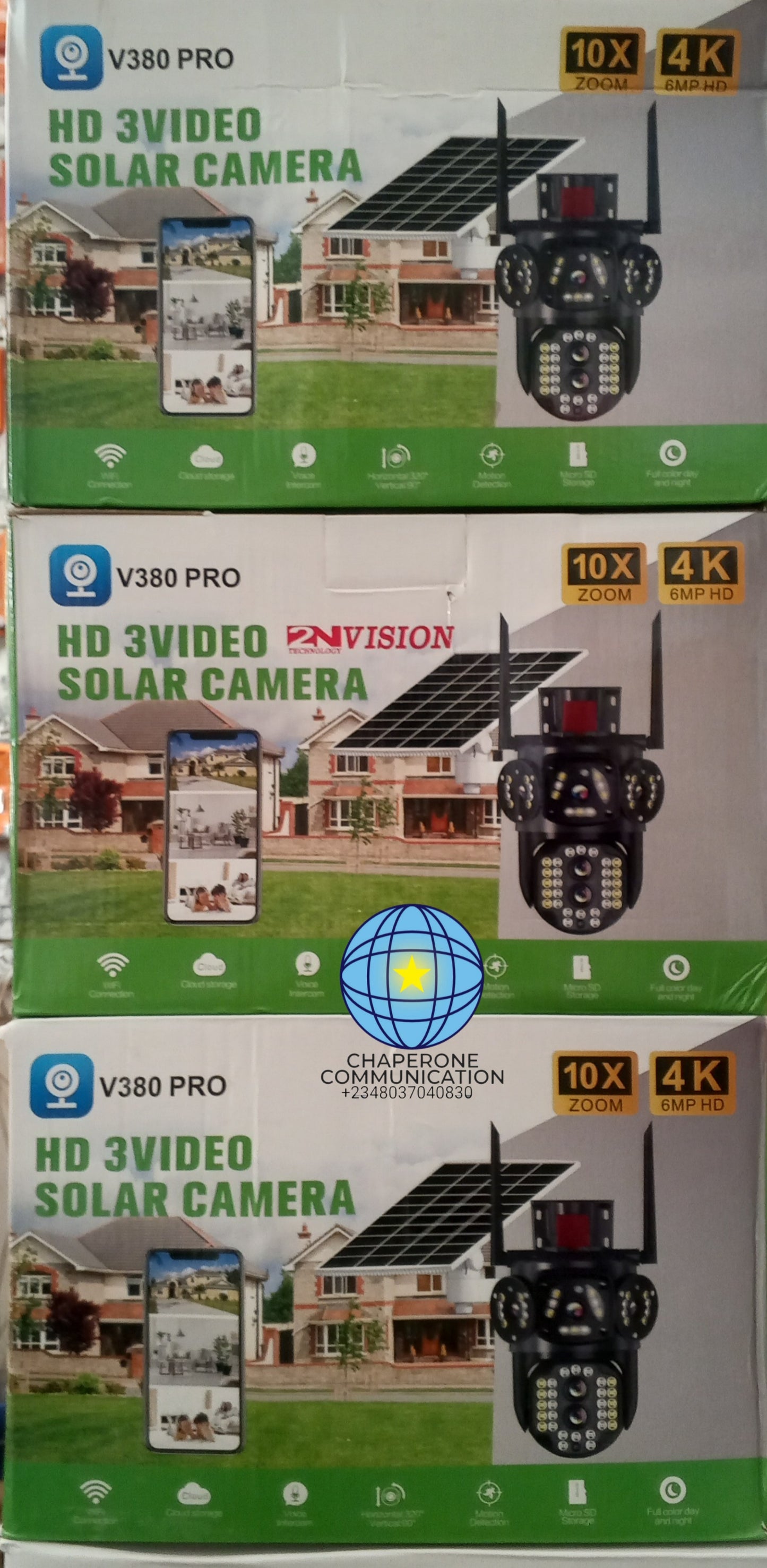 V380 Pro 3-Lens Solar CCTV Security Camera — 360° View | Night Vision | 4G | Outdoor